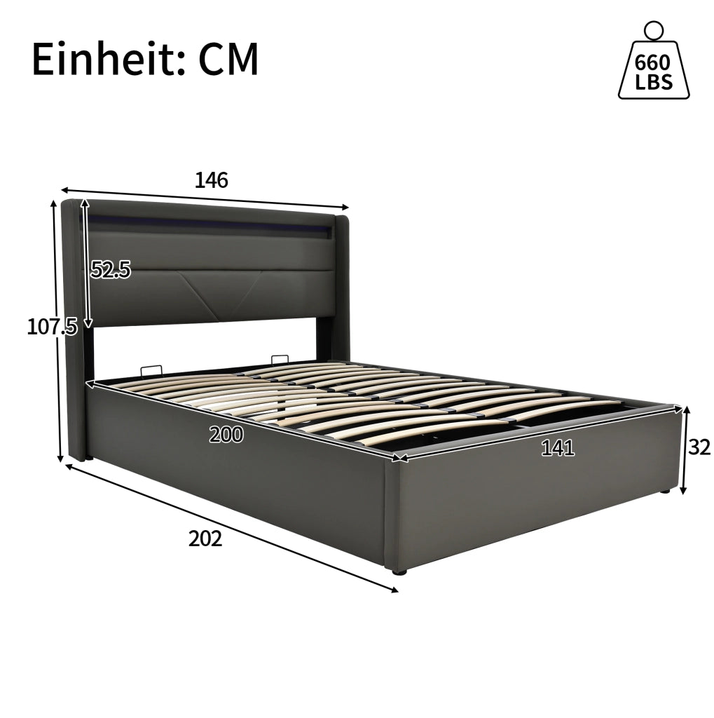 Letto contenitore imbottito 140x200 cm grigio in PU con LED e telecomando