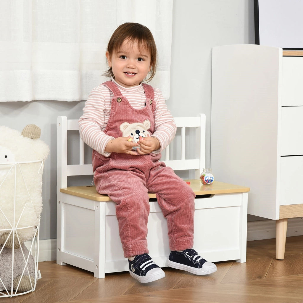 EasyComfort Cassapanca per Bambini 2 in 1 in Legno con Pistone per Chiusura Sicura, 60x30x50cm Bianco e Legno Naturale