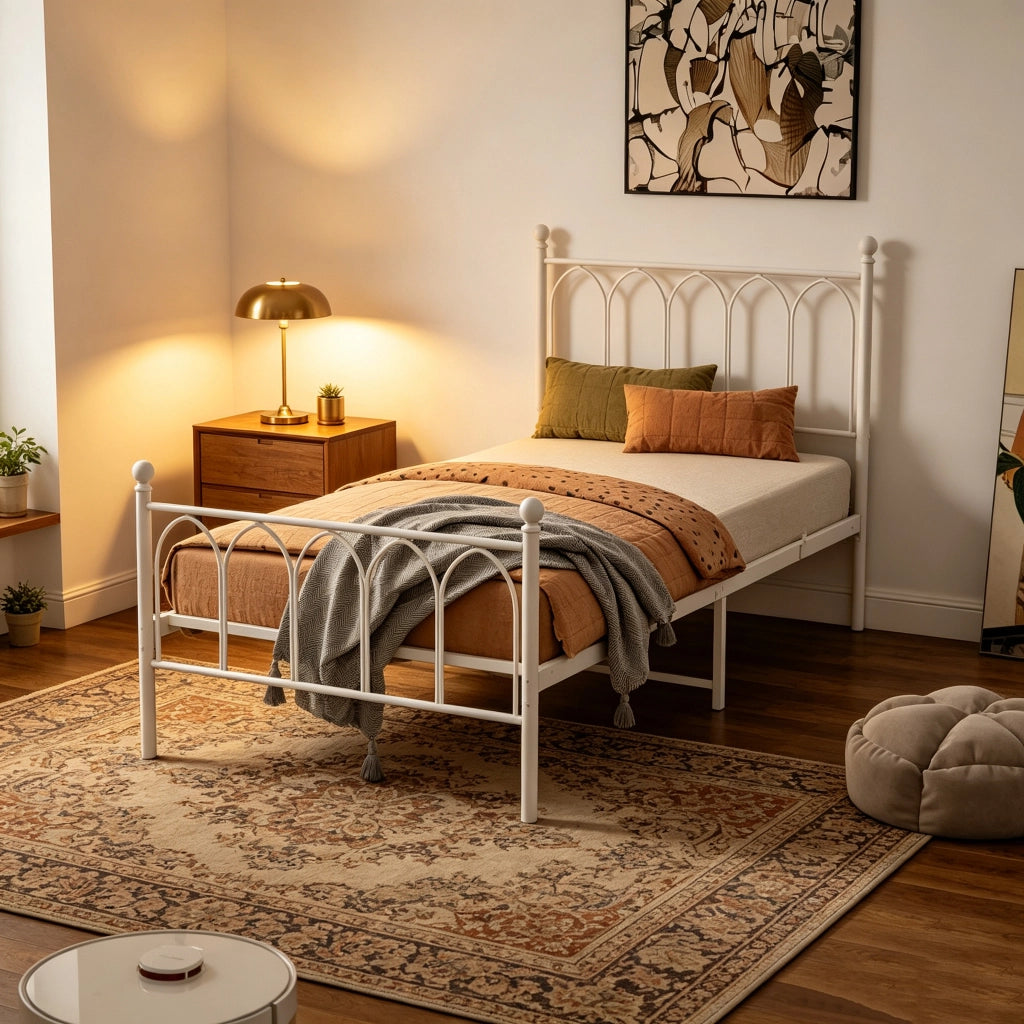Letto singolo per ragazzi in metallo bianco 90x200 cm con rete a doghe
