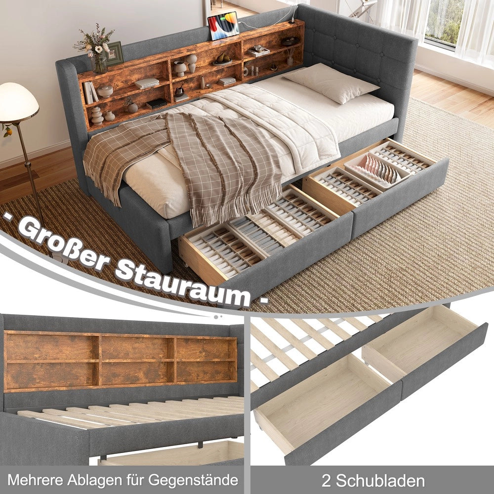 Letto Singolo con Cassetti e Rete a Doghe ¨C MINIMAL ¨C Tessuto Grigio 90x200
