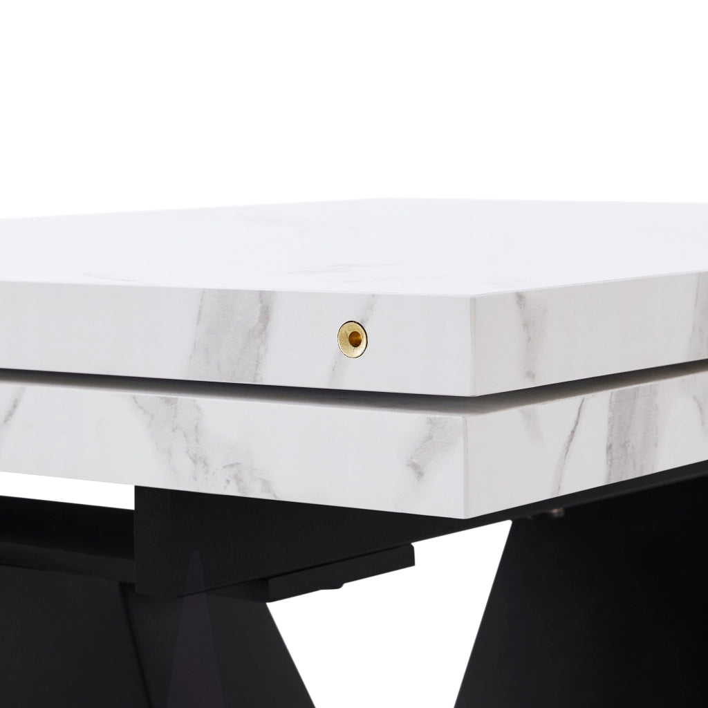 Tavolo da pranzo allungabile 99-159x75x75 cm, piano in MDF effetto marmo, bianco e nero, struttura in metallo
