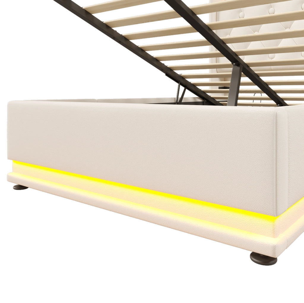 Letto imbottito singolo con LED 360°; USB e Type-C; contenitore idraulico; 90x200 cm; bianco PU