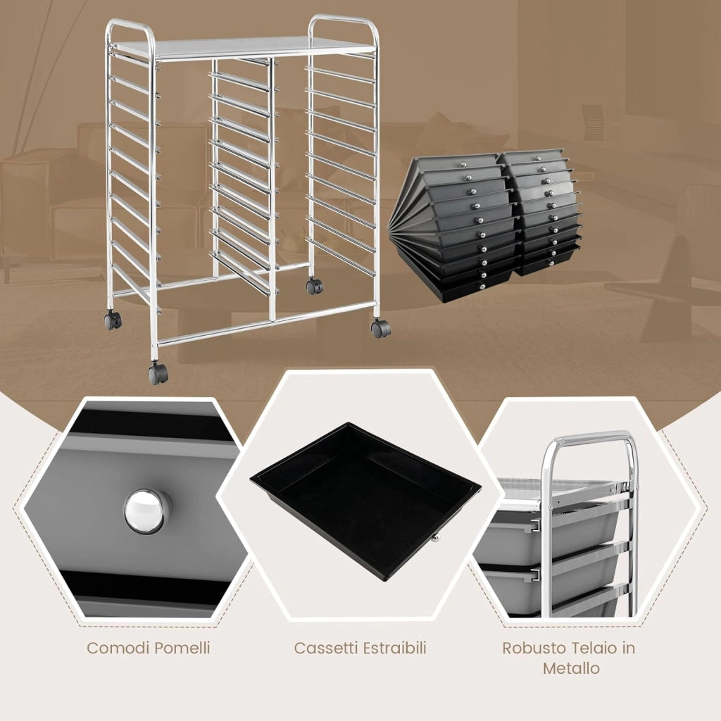 Carrello di Stoccaggio con 20 Cassetti, Carrello portaoggetti con 4 Ruote, Carrello Multiuso per Scuola Ufficio Cucina, 64 x 39 x 88 cm (Nero sfumato)