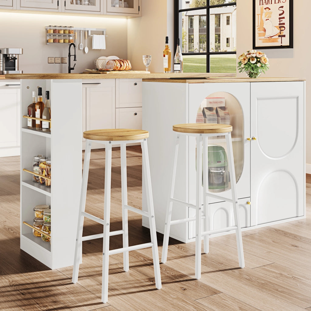 Set tavolo da bar con 2 sgabelli cucina con armadietti scorrevoli in vetro ripiani regolabili bianco MDF metallo