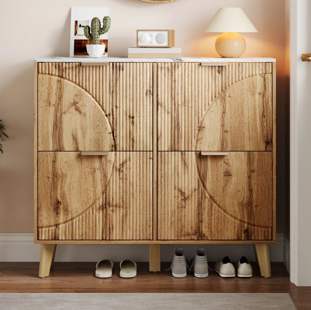 Scarpiera slim a 4 ante a ribalta 105x24x95;5 cm con piano effetto marmo naturale HOMVRA