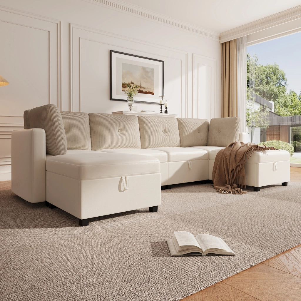 Divano Modulare a U con Contenitore; Beige