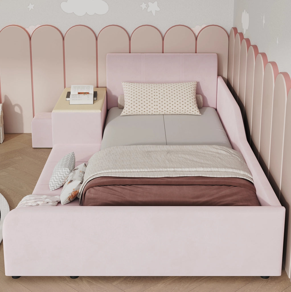 Letto singolo imbottito con scrivania e sgabello per bambini in velluto rosa 90x200 cm