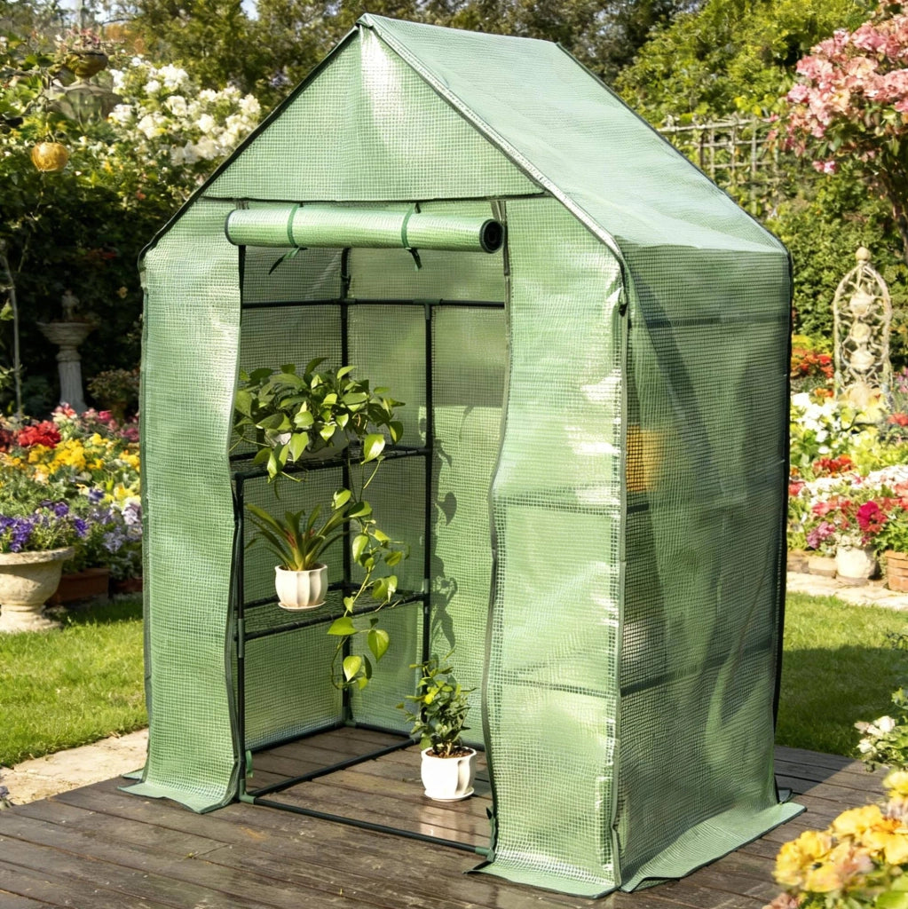 Serra in PVC Verde 143x215x195 cm con Tubature in Acciaio Verniciato per Coltivazione Protetta