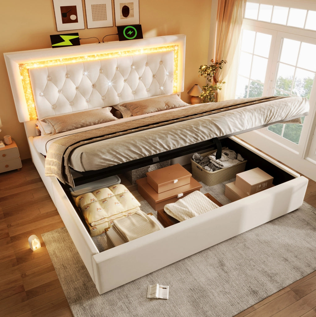 Letto imbottito 160x200 cm in velluto con LED, USB e contenitore