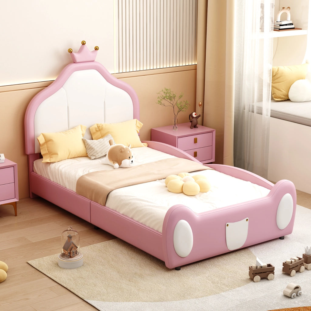 Letto singolo imbottito per bambini 90 × 200 cm in similpelle bianco e rosa con testiera a corona