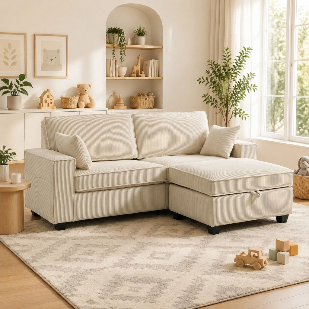 Divano modulare 3 posti con pouf contenitore in cord beige