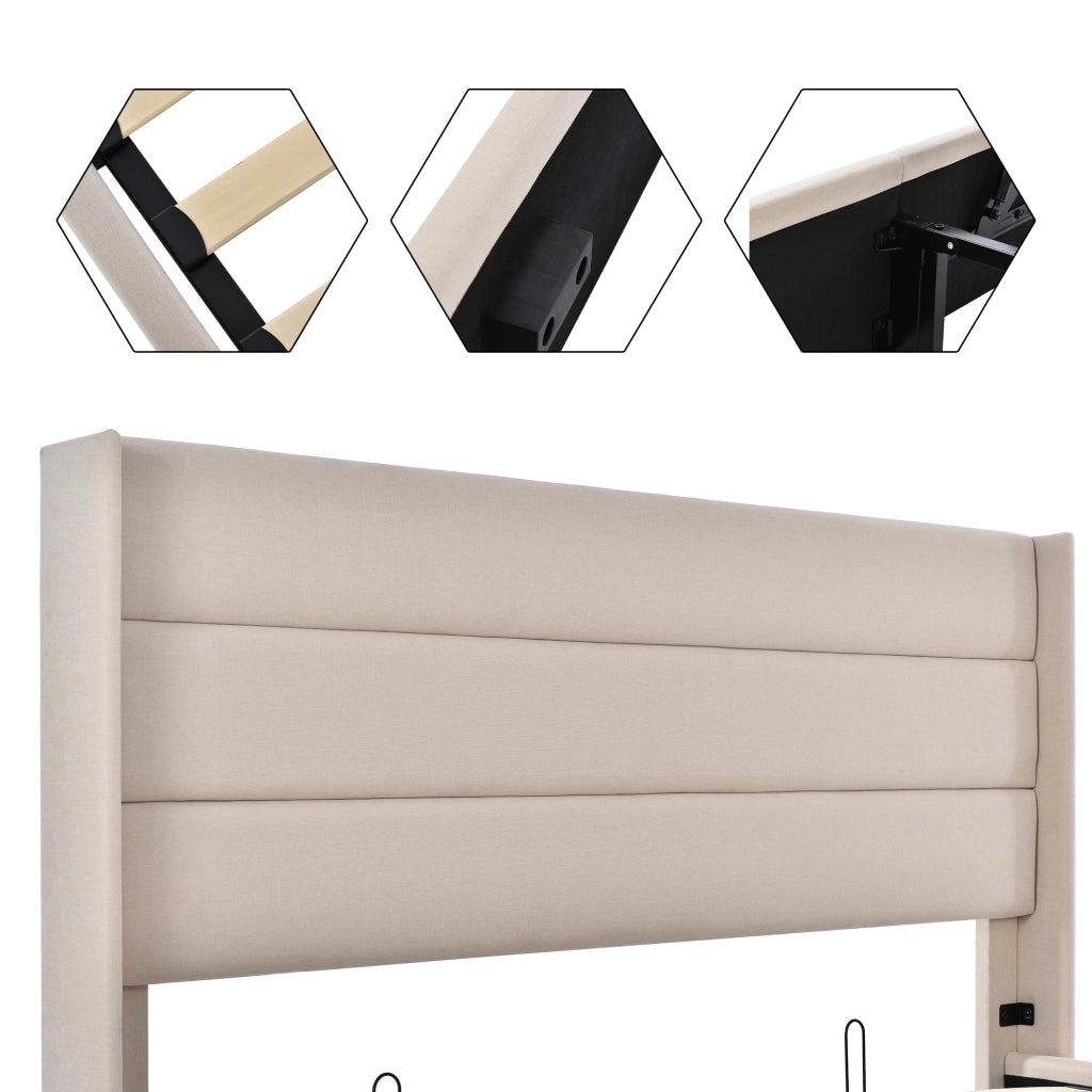 Letto imbottito 160x200 cm con contenitore in lino beige