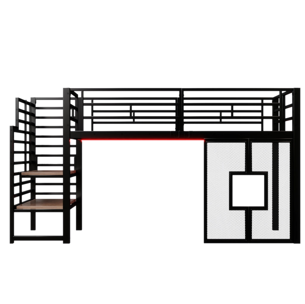 LETTO a soppalco in metallo 90x200 cm Nero con scala e luci LED
