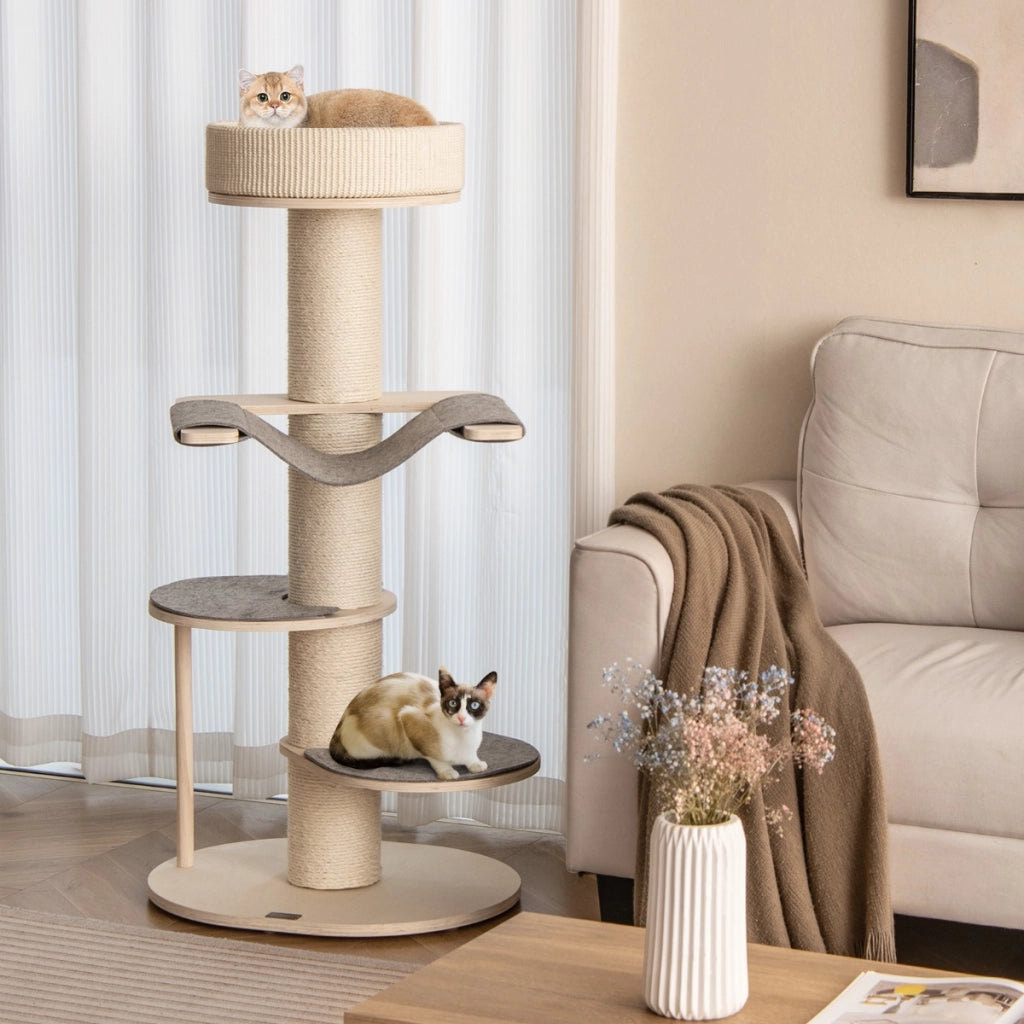Albero per gatti da 120cm con tiragraffi in sisal rinforzato tappetino in sisal, Torre per gatti in legno multi-livello Grigio-Alberi Tiragraffi