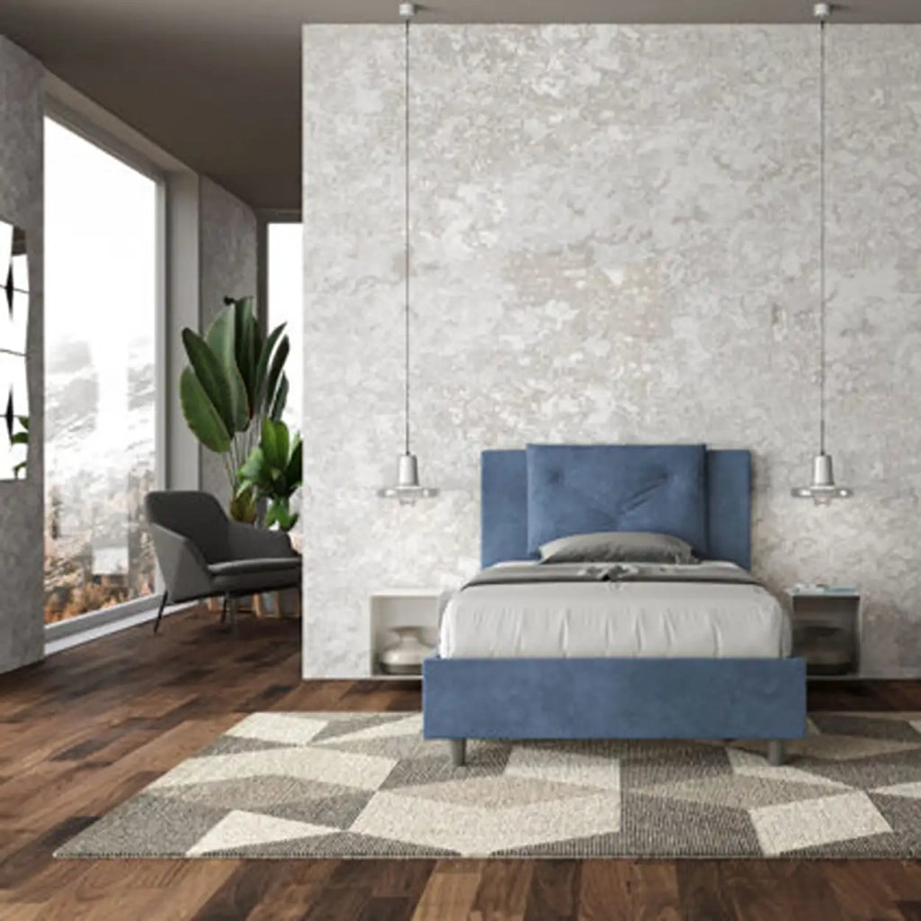 Letto una piazza e mezza con rete imbottito 120x190 microfibra blu Appia