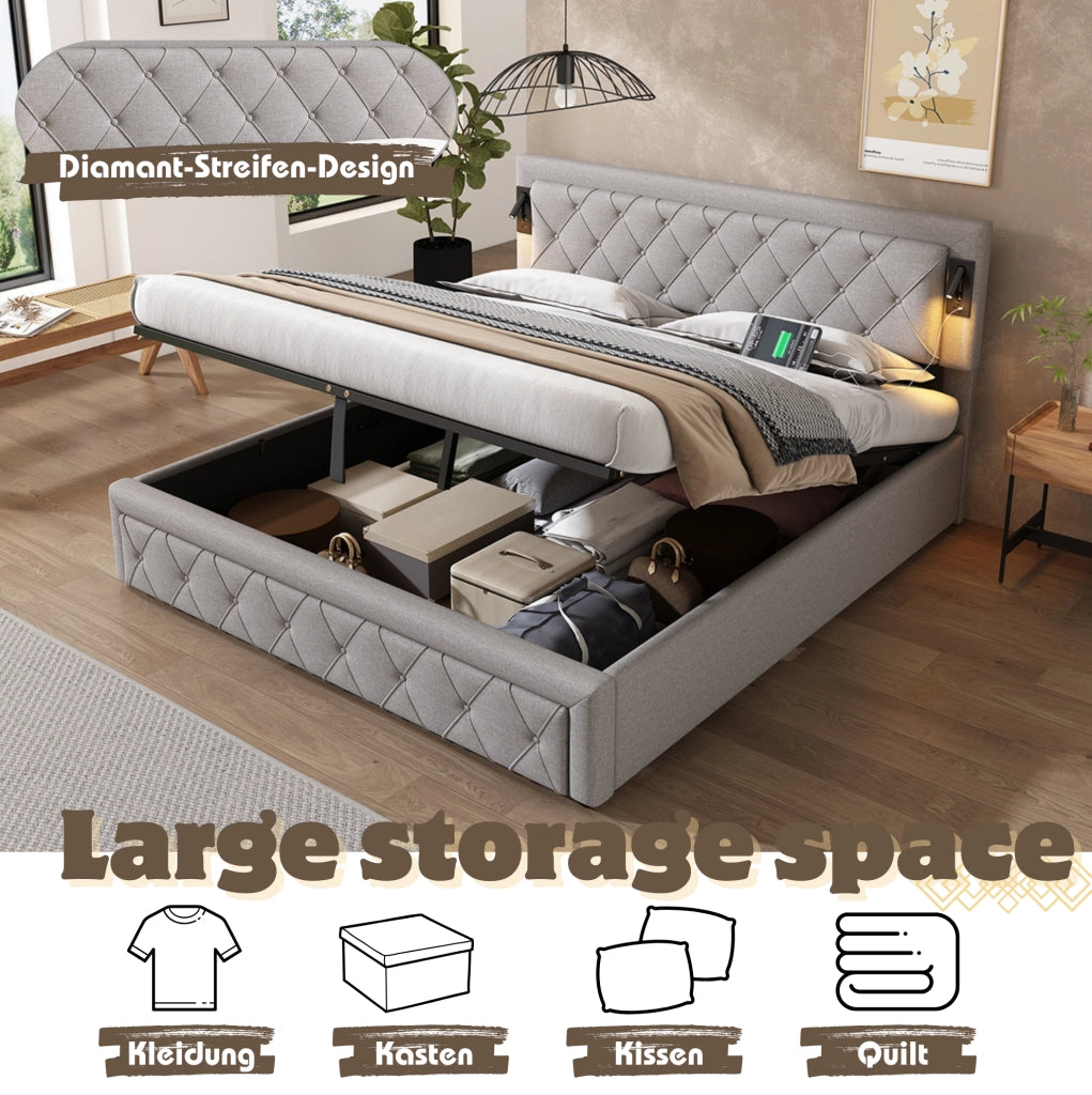 Letto imbottito contenitore idraulico con USB e downlight; lino grigio