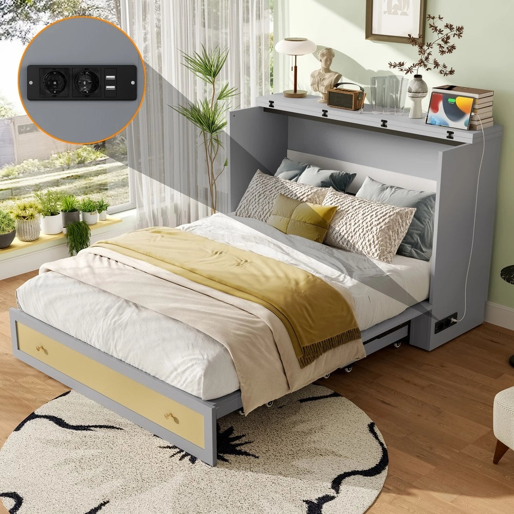 Letto a Scomparsa con Cassetti, Ripiano, USB ¨C MINIMAL ¨C Grigio 140x200