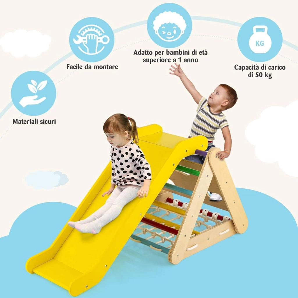 Set 4 in1 Arrampicata per Bambini, Arrampicata a Triangolo con Scivolo, Set di Arrampicata in Legno per Interni e Esterni con Rete di Arrampicata, Carico 50kg, 1 Anni+ (Colorato)