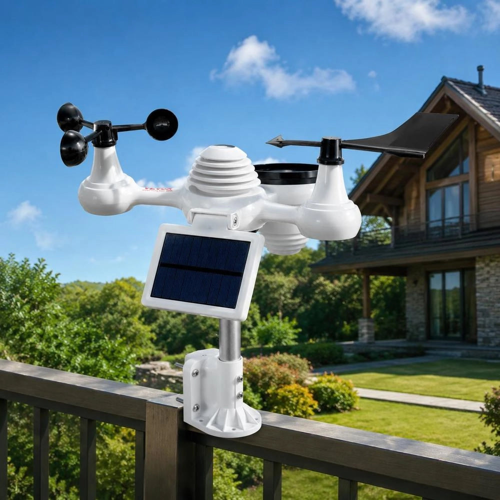 Professional 7-in-1 WiFi Weather Station, Solar-powered Weather Center, 190.5 Mm (7.5-inch) Display, 150 M Transmission Range, Outdoor Sensor For Wind Speed, Wind Direction, Temperature, Humidity, And Precipitation