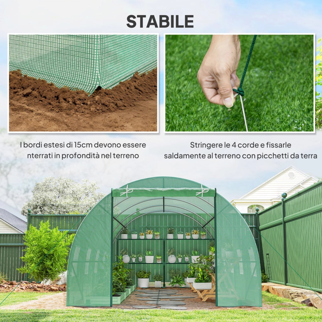 Serra per Orto a Tunnel con Porta Avvolgibile e 8 Finestre, Serra da Giardino con Copertura in PE e Struttura in Acciaio, 6x3x2 m, Verde