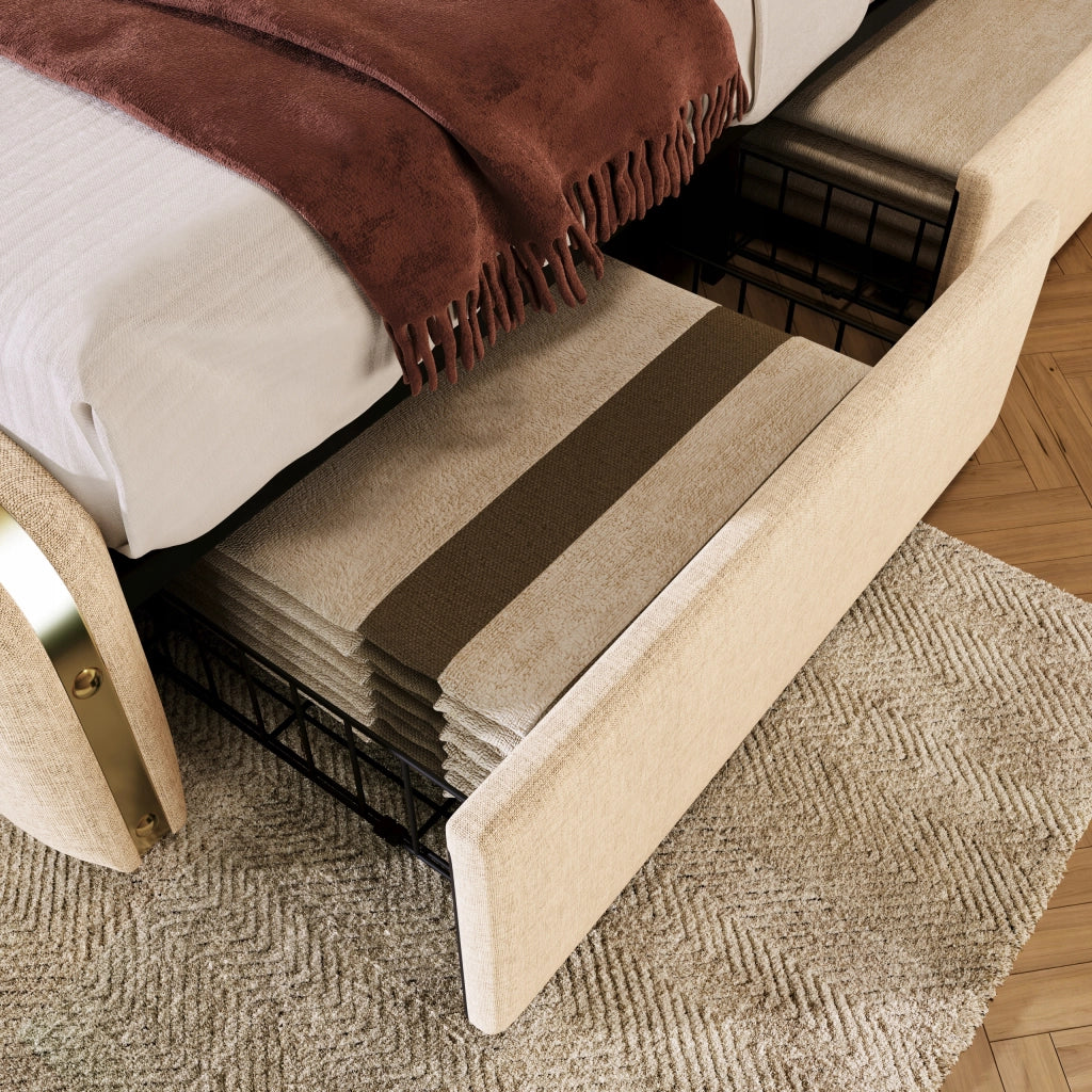 Letto imbottito 90x200 - Xylo - Beige, 4 cassetti, USB-C