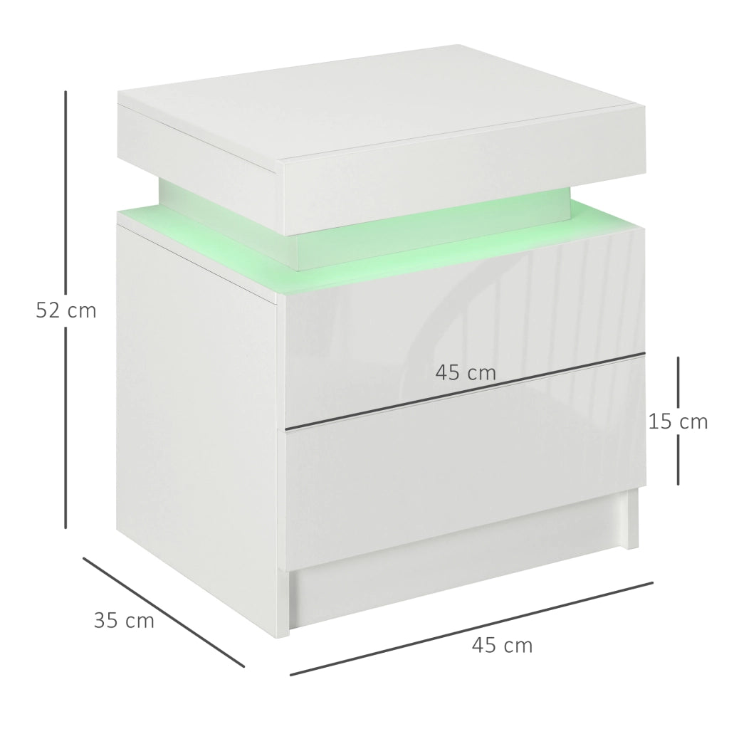 Comodino con 2 cassetti e LED RGB ¨C zephmum ¨C Legno, Bianco, 45x35x52 cm