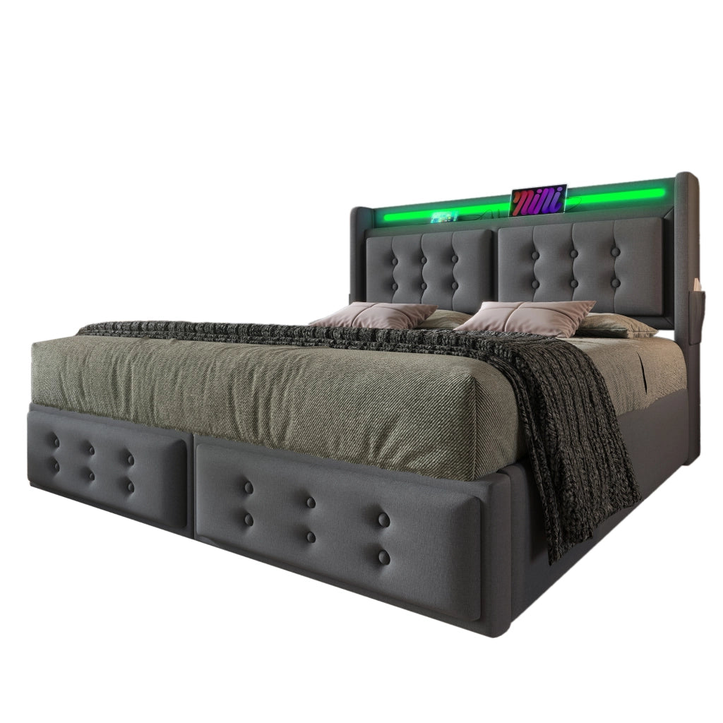 Letto matrimoniale 180x200 cm con testiera LED e contenitore