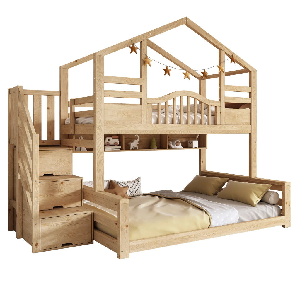 Letto a castello in legno 90x200/140x200 con scala contenitore e ripiani