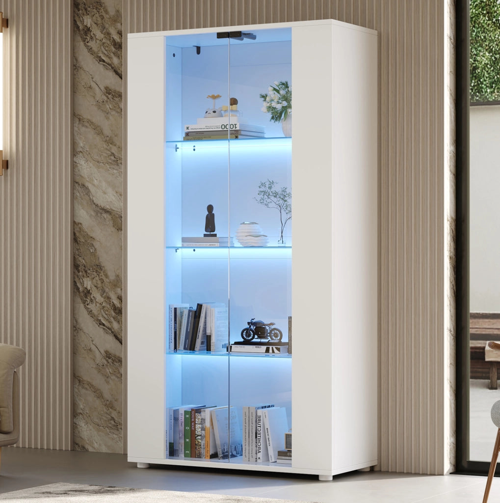 Vetrina con 2 ante in vetro; 4 ripiani e illuminazione LED regolabile; bianca; 80×36×150;5 cm