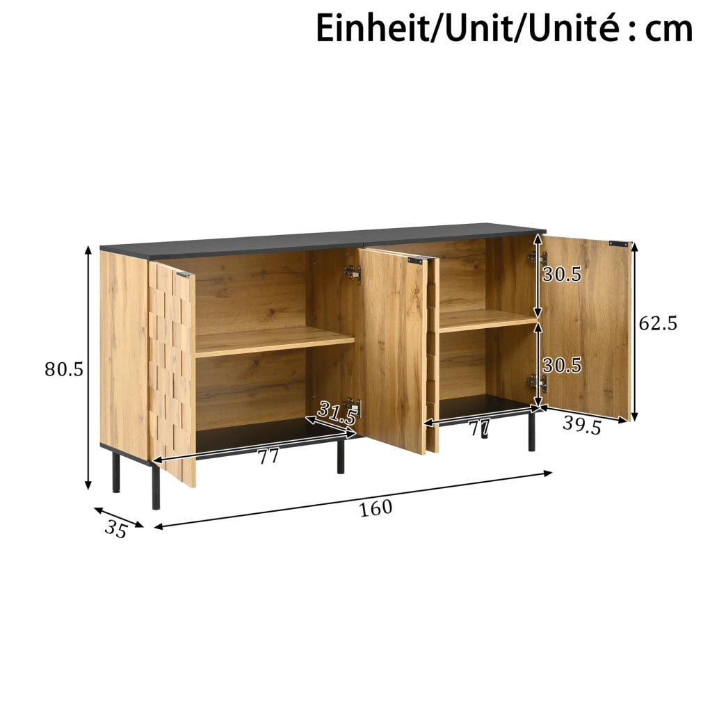 Sideboard con ante mosaico; 160 x 35 x 80;5 cm; in truciolare effetto legno naturale con piedi in metallo nero