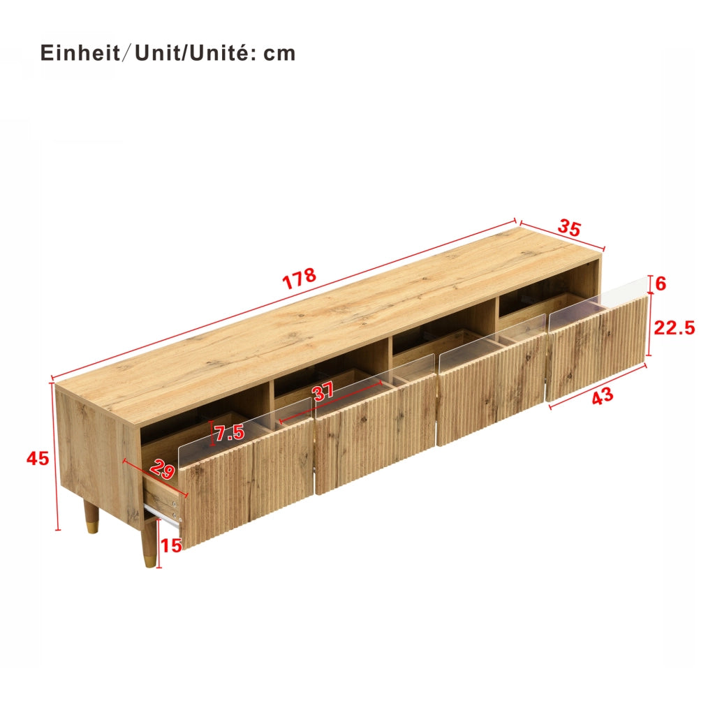 Mobile TV 178 cm in MDF effetto legno con 4 cassetti in MDF e acrilico; passacavi