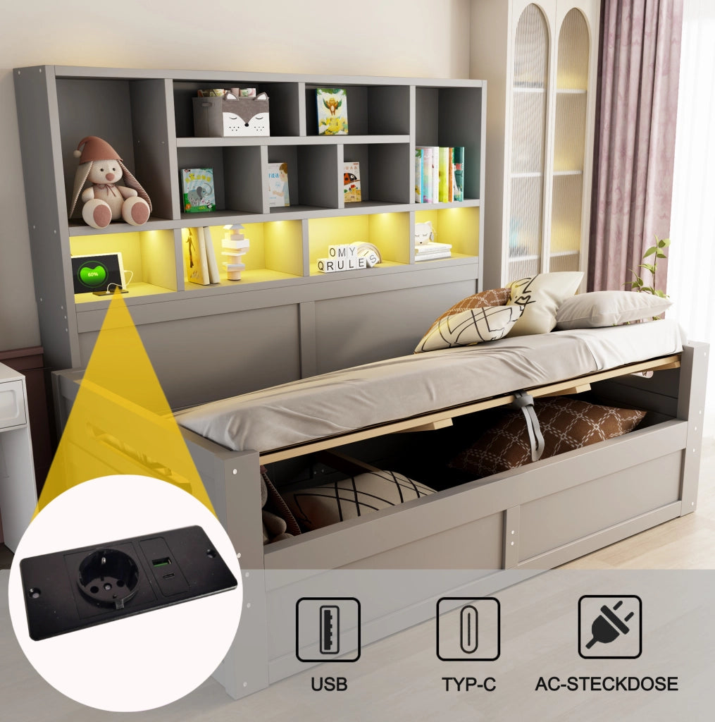 Multifunktionsbett 90x200 cm con contenitore idraulico; LED e prese; MDF; grigio
