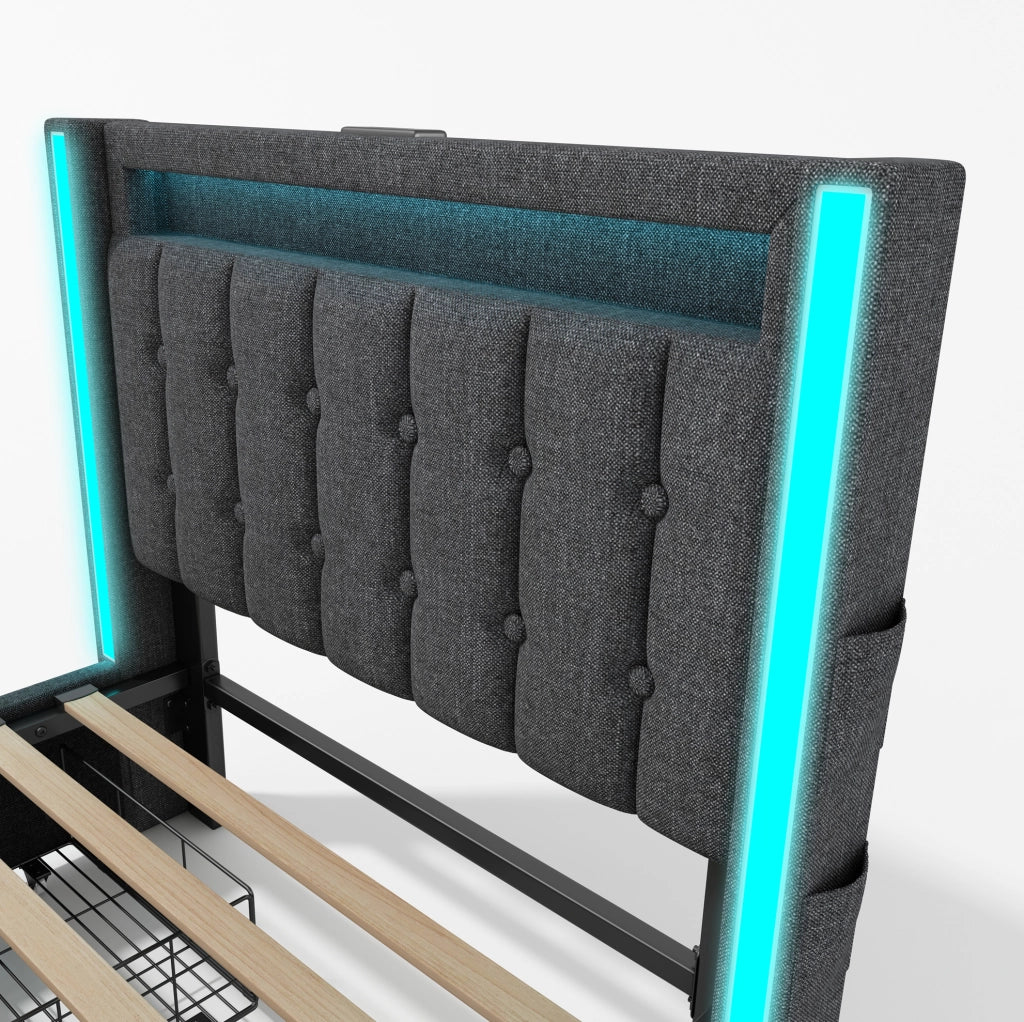 Letto singolo 90x200 cm con USB, USB-C, LED e 2 cassetti in lino grigio