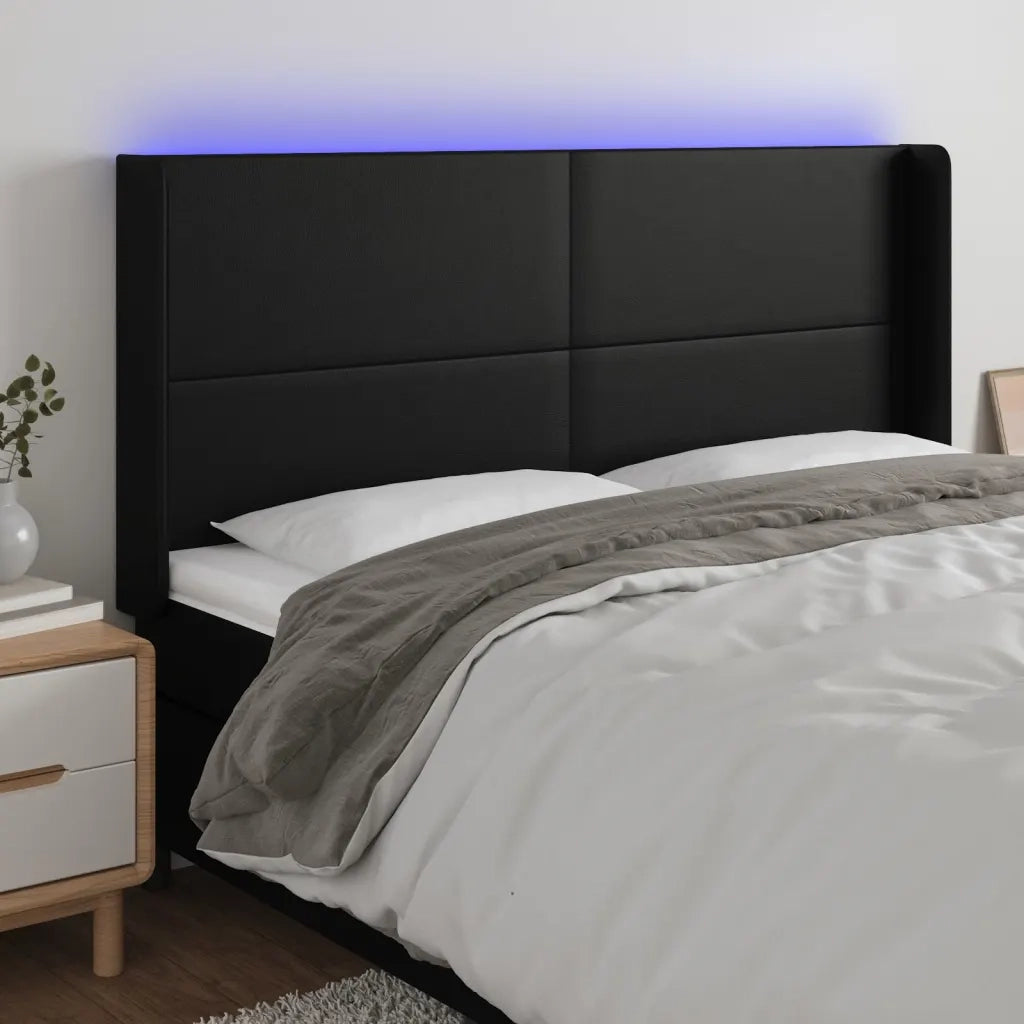 Testiera | Testata a LED Nera 183x16x118/128 cm in Similpelle
