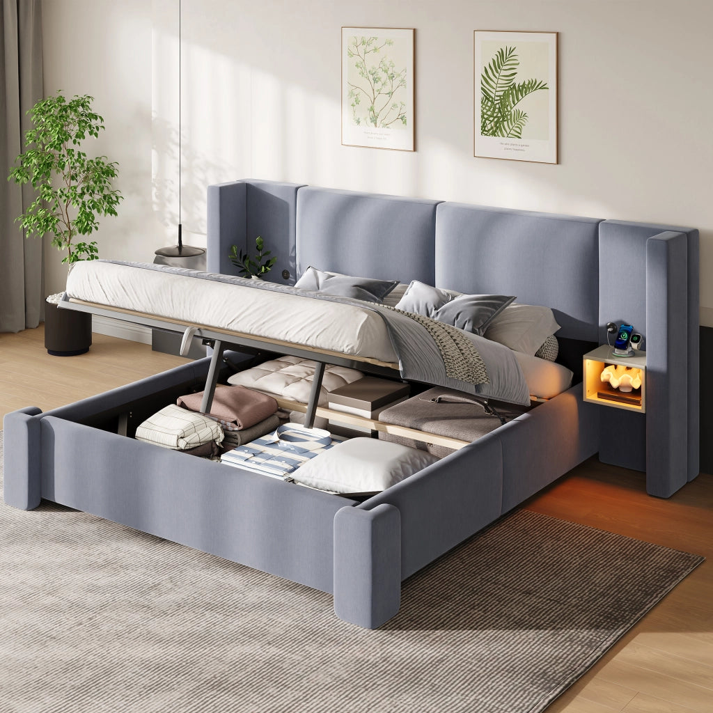 Letto matrimoniale imbottito 140 × 200 cm con contenitore idraulico in lino grigio e comodini LED