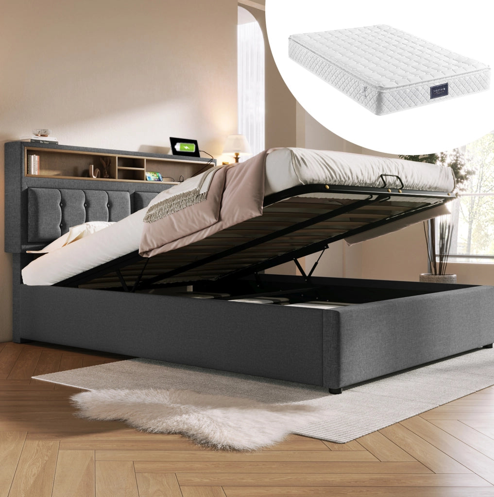 Letto imbottito 160x200 cm con contenitore, prese USB-C e materasso grigio