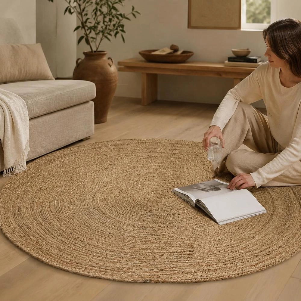 Round Jute Braided Rug 150 Cm, Natural Woven Floor Carpet For Living Room Bedroom Dining Area, Boho Farmhouse Home Decor