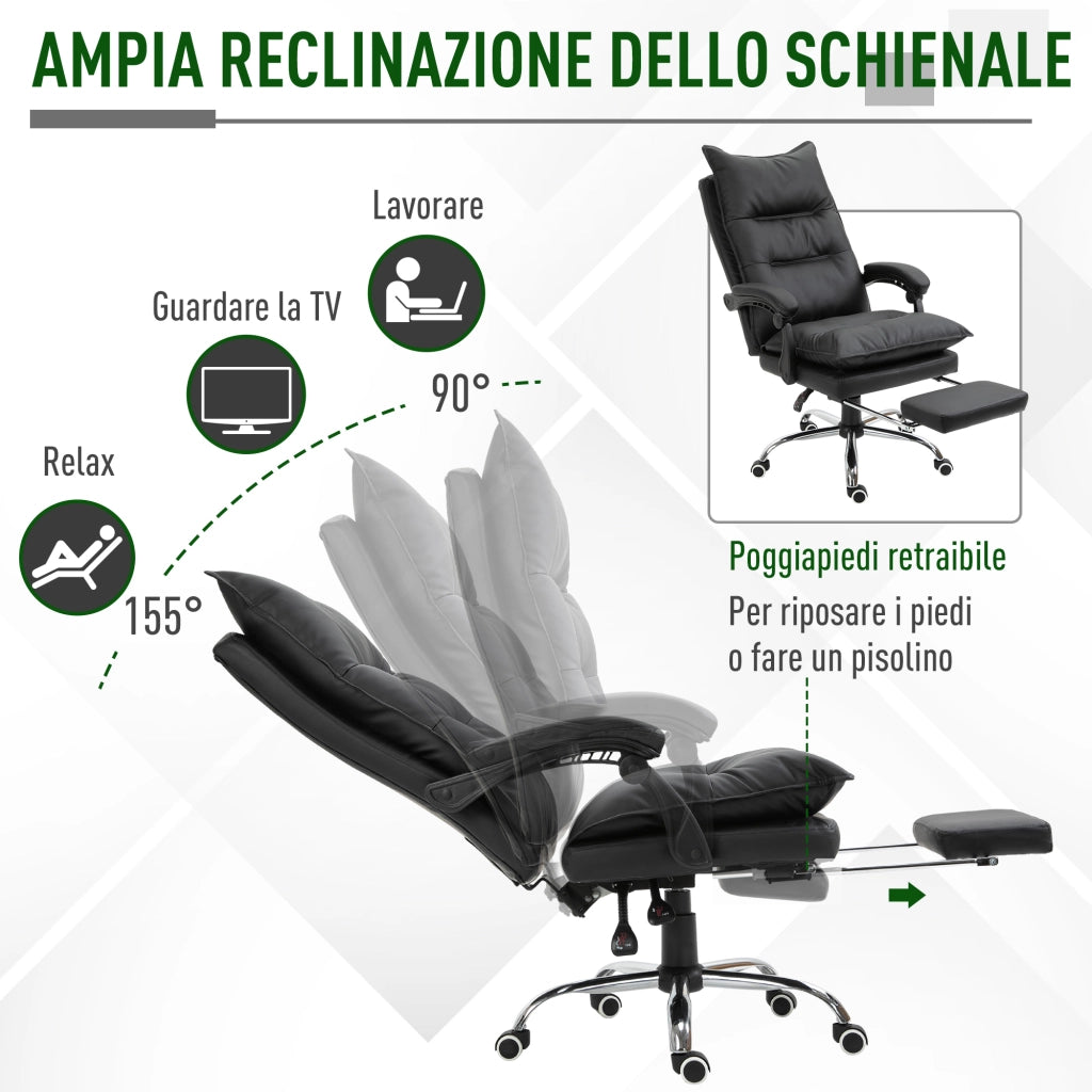 Sedia Ufficio Ergonomica Reclinabile 155¡ã con Poggiapiedi, Sedia Scrivania in Finta Pelle Facile da Pulire, Braccioli Imbottiti, Girevole e Altezza Regolabile, Nero