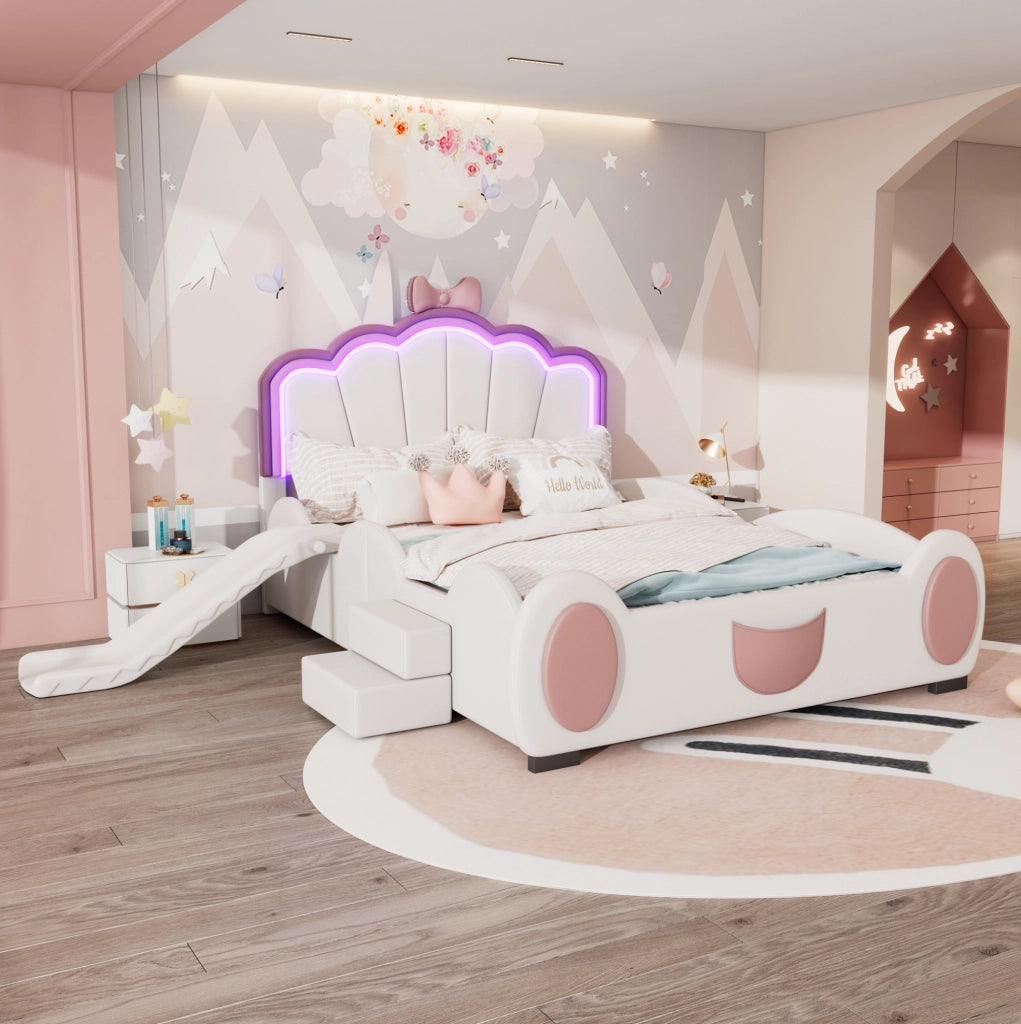 Letto per bambini 140x200 cm a farfalla rosa e bianco con LED, scala e scivolo