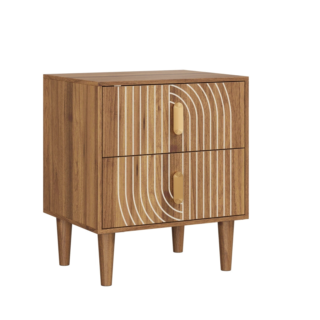 Comodino boho con 2 cassetti; inserti geometrici e gambe in legno; marrone noce