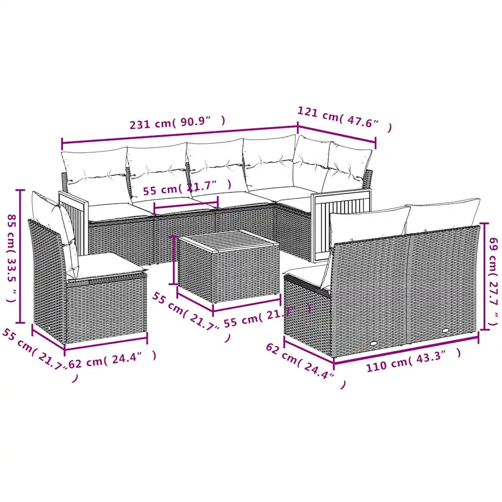 Set Divani da Giardino 9 pz con Cuscini Grigio in Polyrattan 3227734