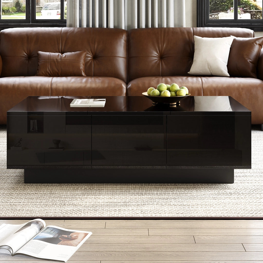 Tavolino da salotto con 2 cassetti e vani scorrevoli, finitura nero lucido, in truciolare, 100 × 31 × 50 cm