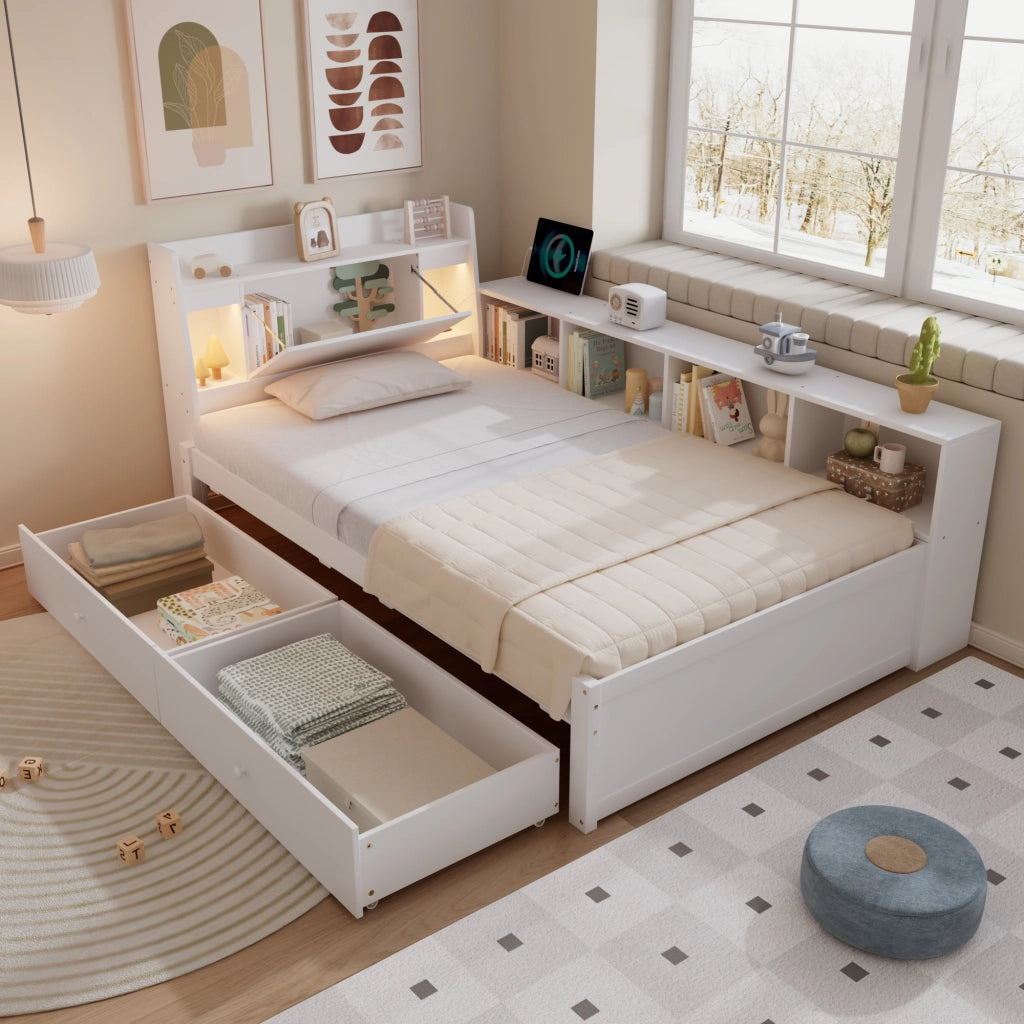 Letto Singolo con Testiera, Cassetti, Comodini e LED ¨C MINIMAL ¨C Bianco, Pino/MDF, 90x200