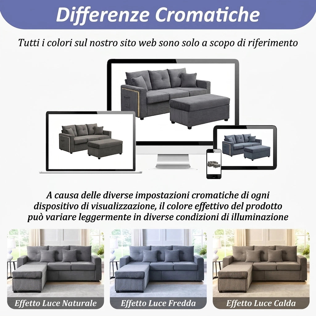 Divano 3 posti con pouf e 5 cuscini; divano angolare a L con luci LED; velluto a coste; grigio antico; 184 cm