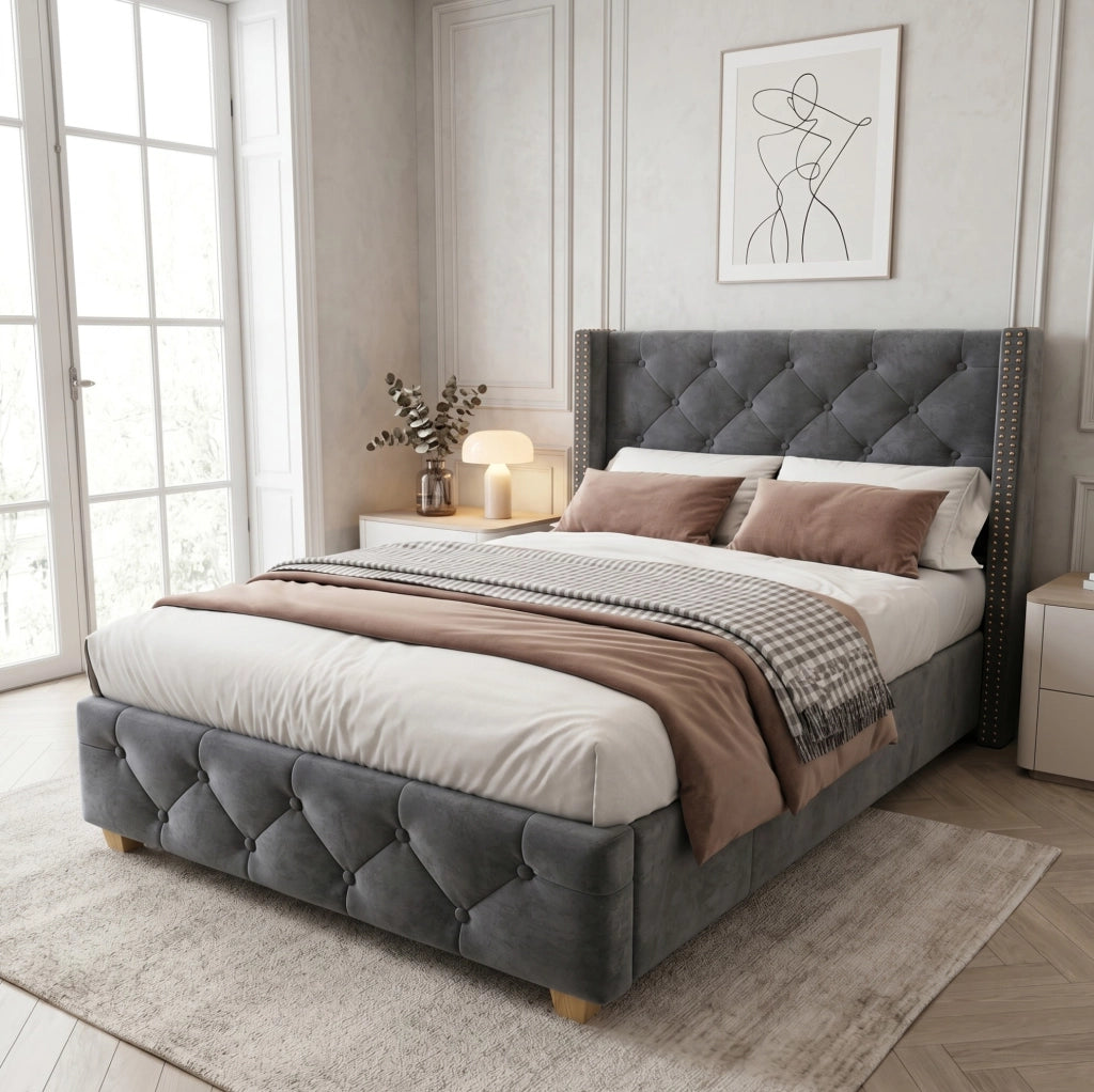 LETTO imbottito 90x200 cm in velluto grigio con rete a doghe