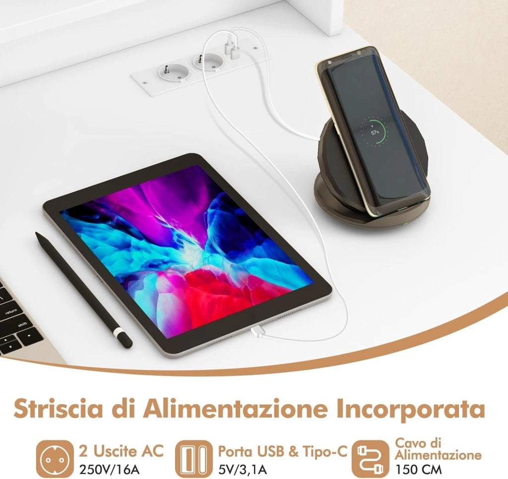 Scrivania per Computer con 2 Prese di Corrente e Prese USB, Scrivania Ufficio con Cassetto e Ripiano Estraibile per Tastiera, Scrivania Gaming con Ripiano Regolabile, 105 x 55 x 89 cm, Bianco
