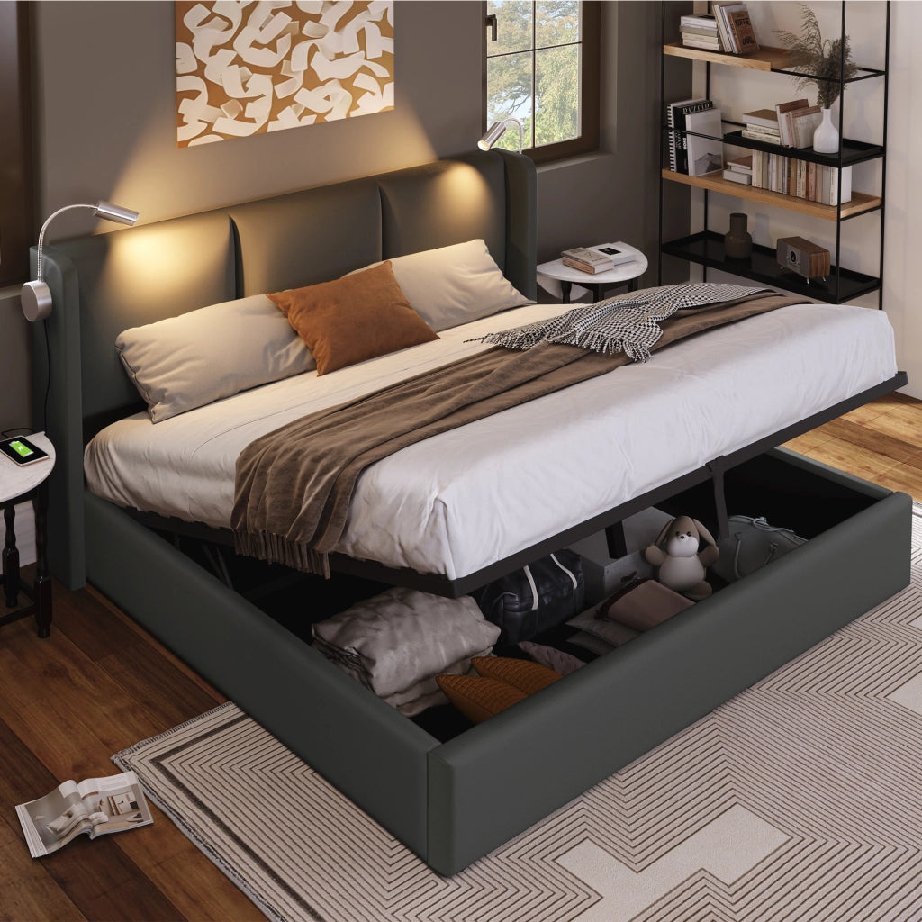 Letto contenitore matrimoniale 160 × 200 cm con lampada da lettura e ricarica USB, materasso incluso, grigio