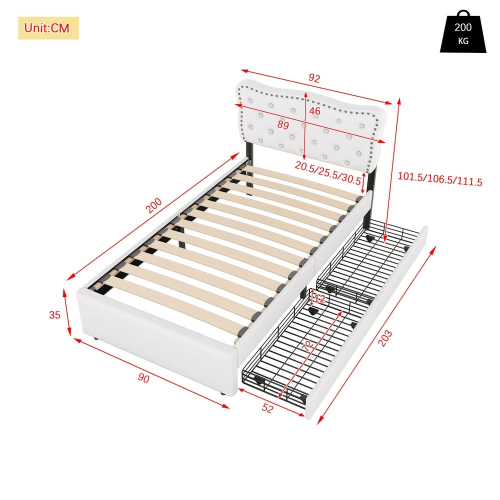 Letto Imbottito con Cassetti 90x200 ¨C MINIMAL ¨C Beige, Testiera con Borchie