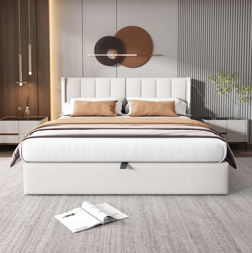 Letto contenitore 180x200 cm con LED; USB C e testiera regolabile; PU bianco