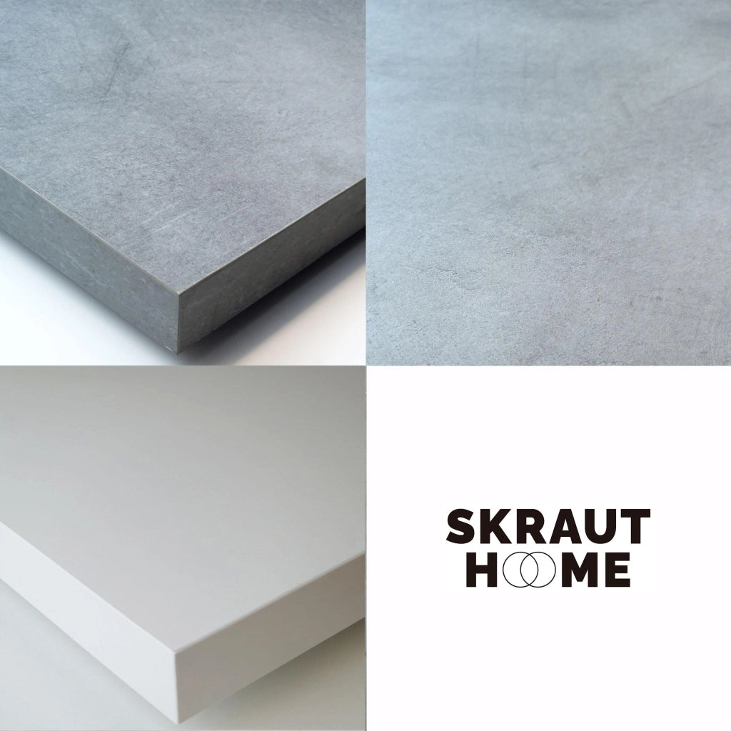 Consolle allungabile, 302x90x73cm, Per 14 persone, Gambe in legno, Bianco e grigio cemento RF3108